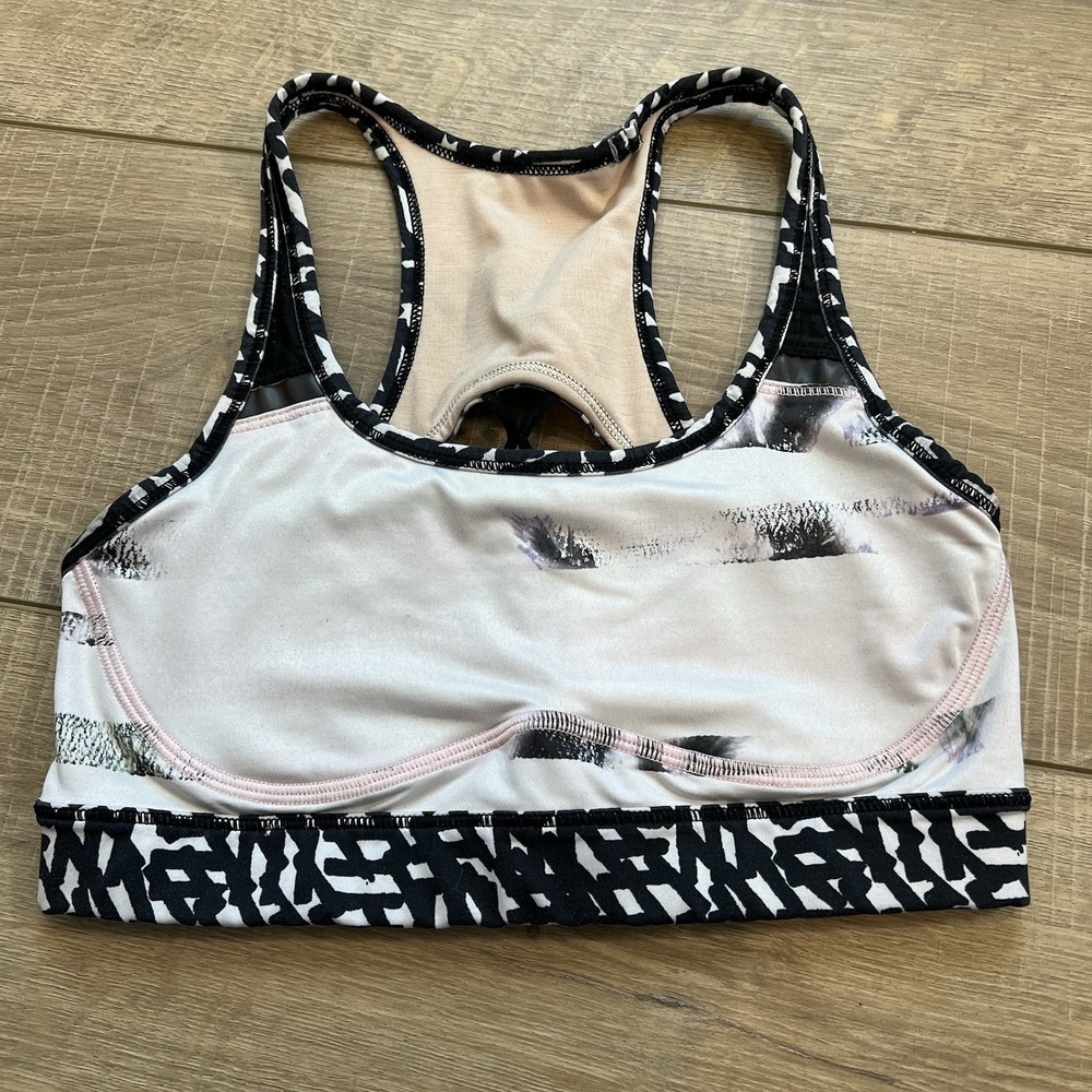 Lululemon Sports Bra Womens 4 White Black Abstract Strappy Lattice Racerback
